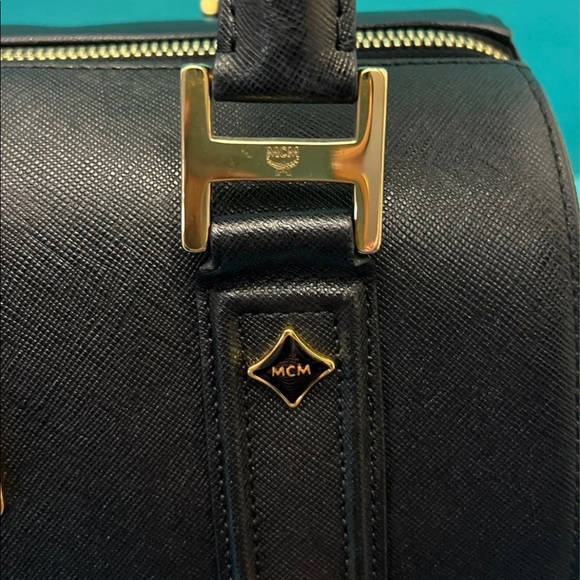 MCM Boston Bag Studded Logo Motifs Black Saffiano Leather Satchel - Picture 12 of 13